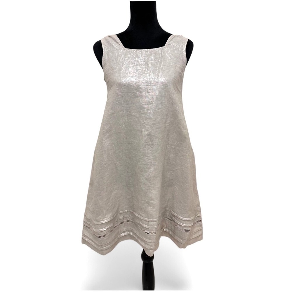 NEW C&C California 100% Linen Silver Metallic Shimmer Tank Dress Pockets XS